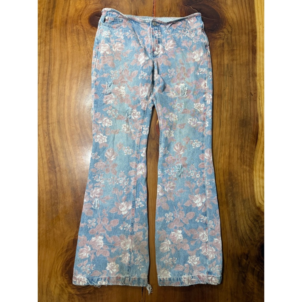 Vintage Y2K Joe Boxer Jeans 9 x 32 Low Rise Flare Floral Distressed Denim EE25